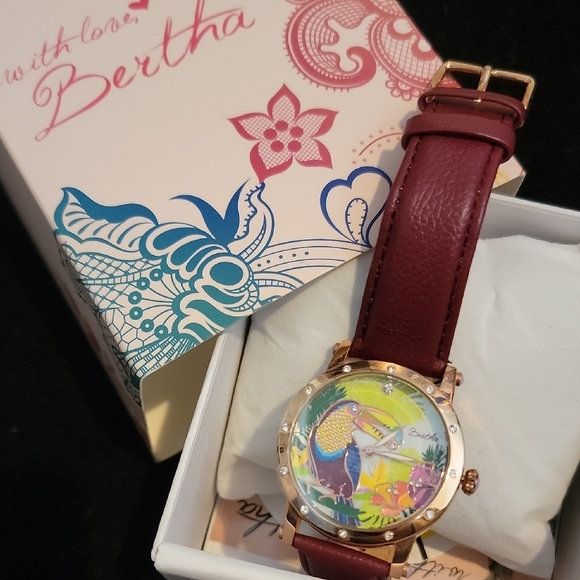 Bertha Tucan and Flower On Mother Of Pearl Women's Watch with Burgundy Strap - Picture 1 of 6